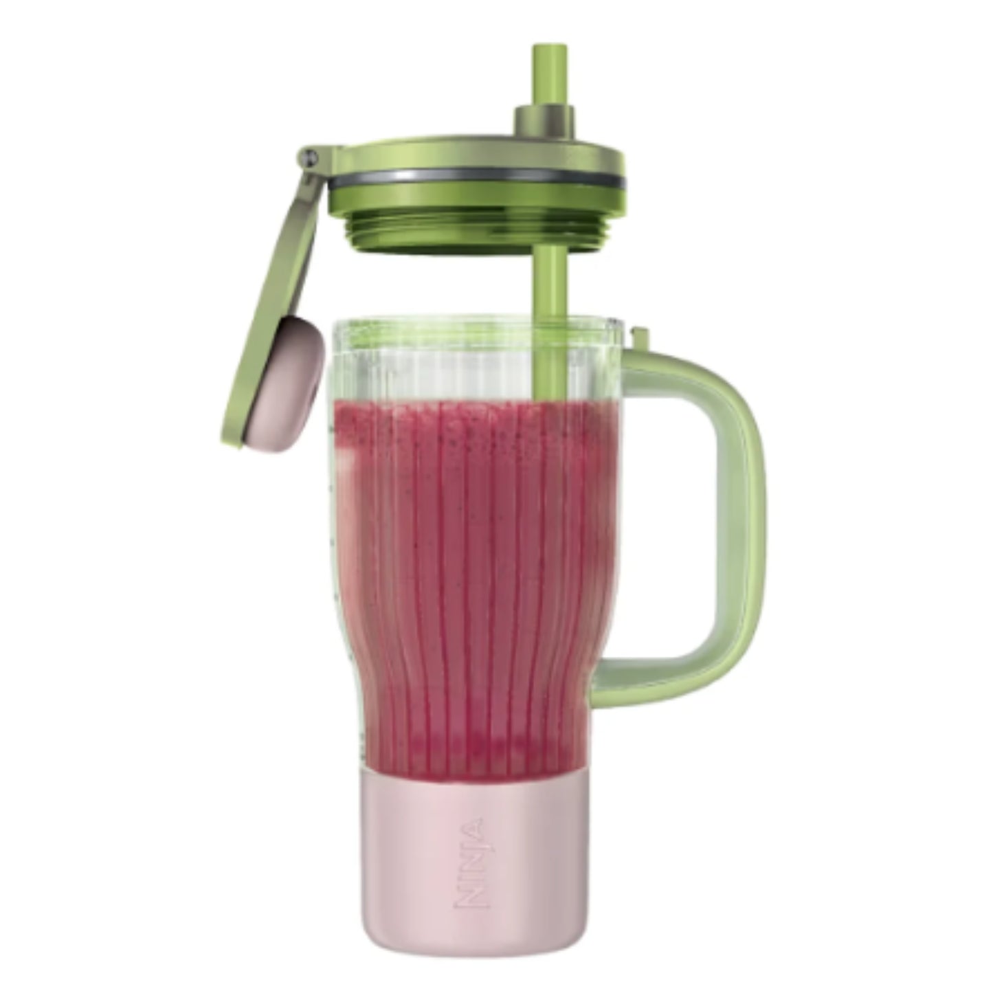 Licuadora NINJA verde con vaso transparente y tapa, preparado de batido