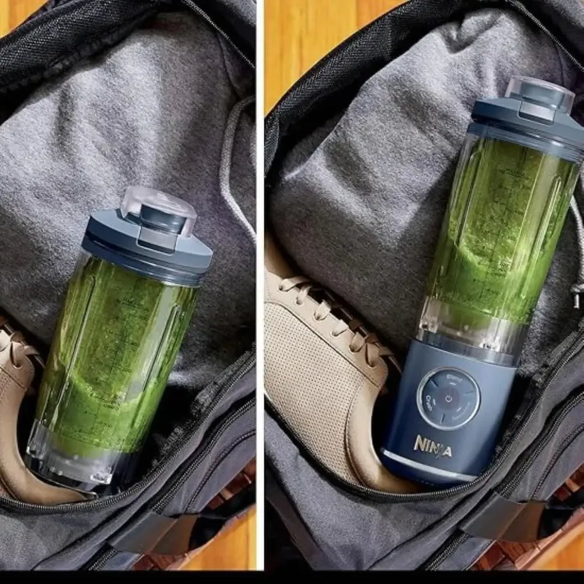 licuadora ninja verde, vista en mochila, lista para llevar