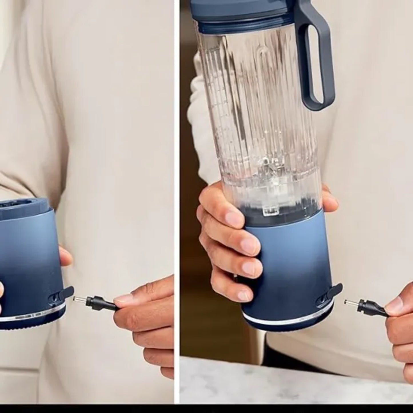 Licuadora Ninja azul, vista frontal y detalles del tapón en uso