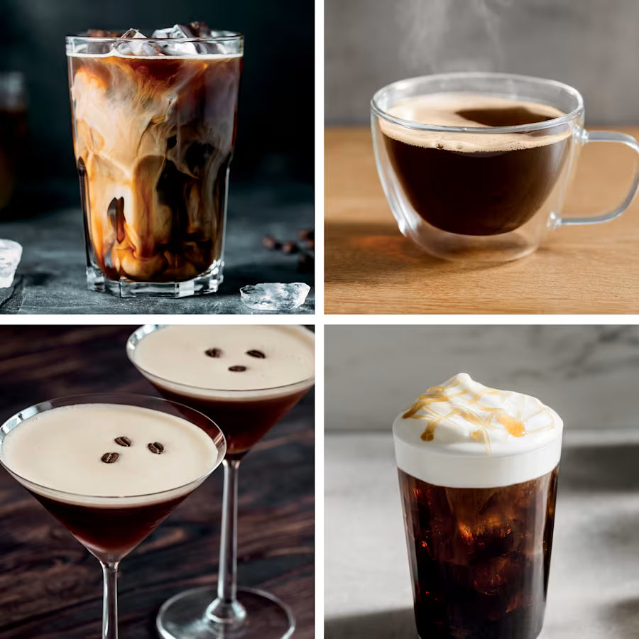 Bebidas preparadas con la máquina de café espresso Ninja Luxe, incluyendo café frío y martinis de café