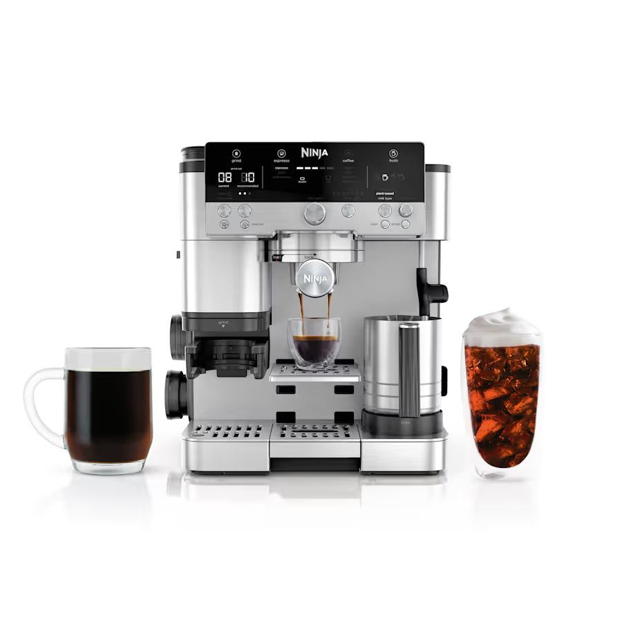 Máquina de café espresso Ninja Luxe con diseño elegante y funcionalidades para preparar café caliente y frío