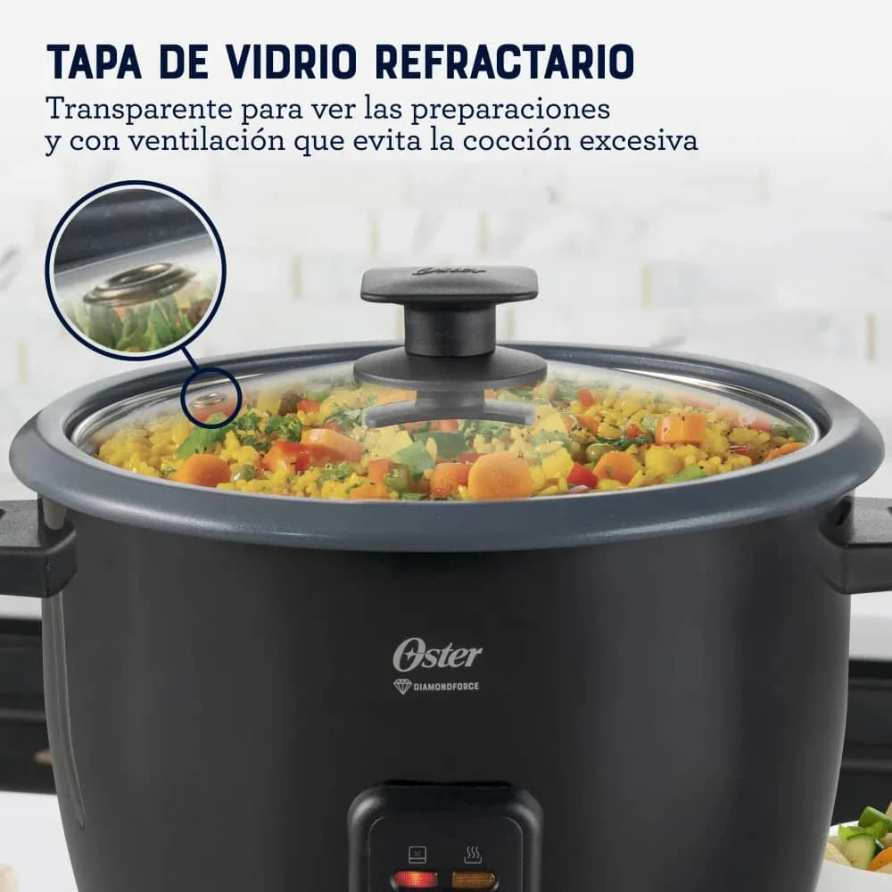 olla arrocera Oster 10 tazas con tapa de vidrio refractario y ventilación para evitar cocción excesiva