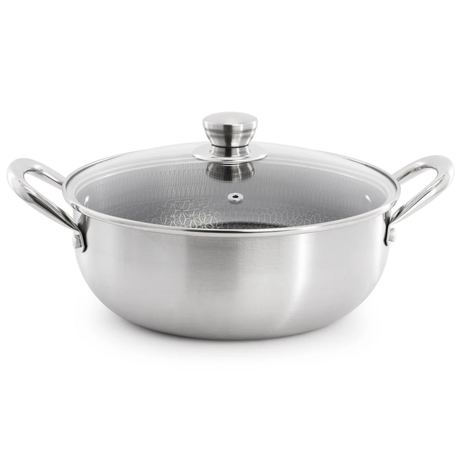 olla de acero inoxidable con tapa de vidrio, cocina moderna