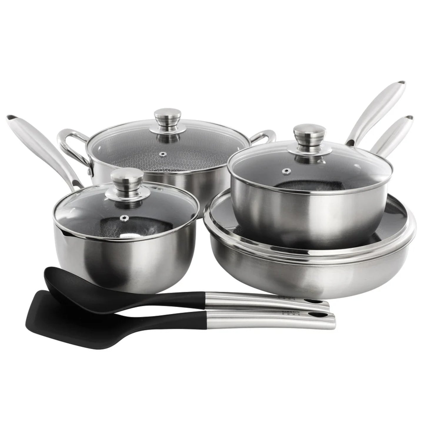 Juego de ollas de acero inoxidable GIBSON HOME con tapas de vidrio y utensilios de cocina