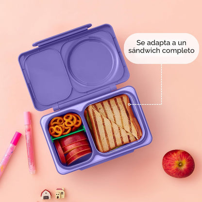 Lonchera OMIE LIFE morada, compartimientos para sándwich y snacks, vista superior