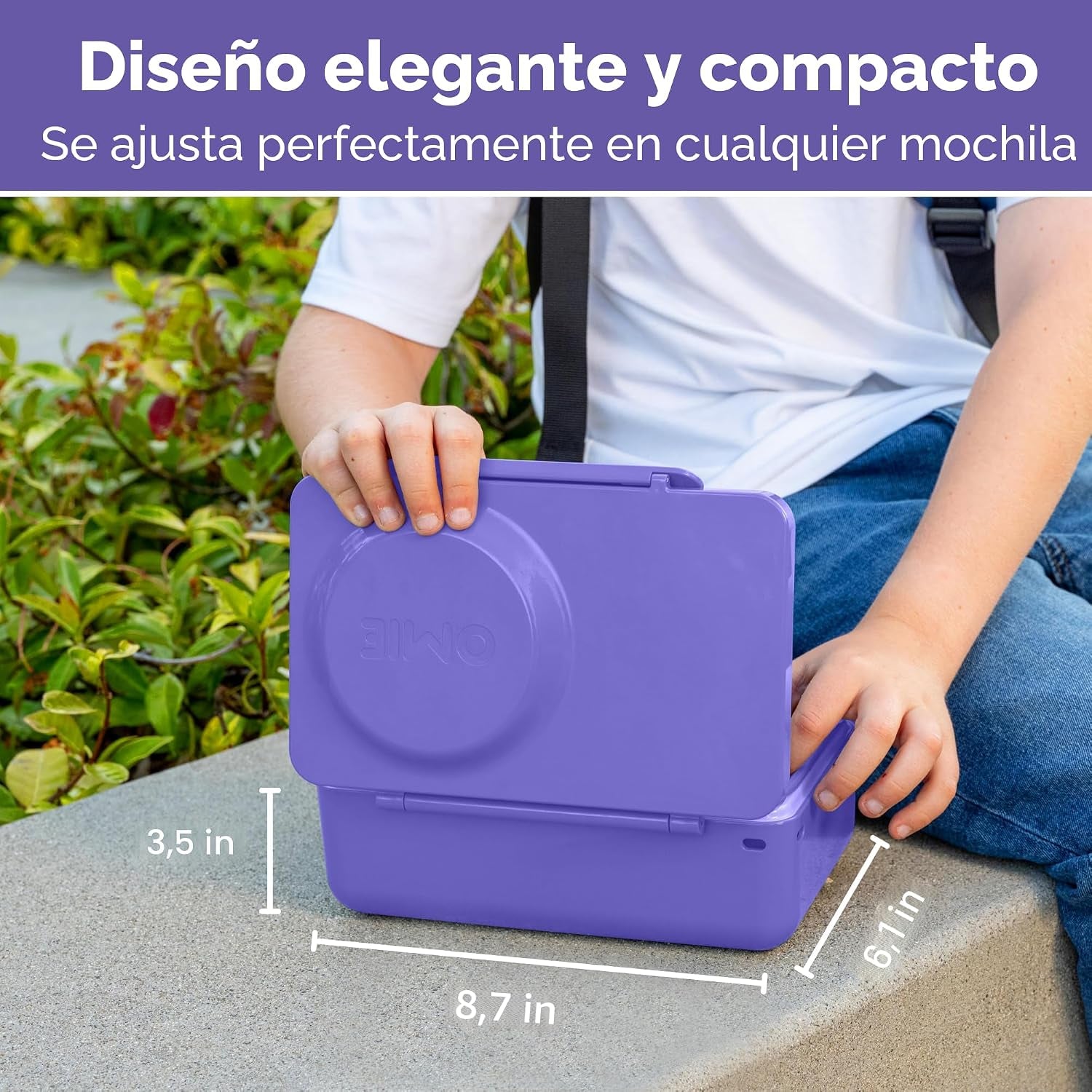 Caja OMIE LIFE morada, diseño compacto, ideal para llevar en mochilas