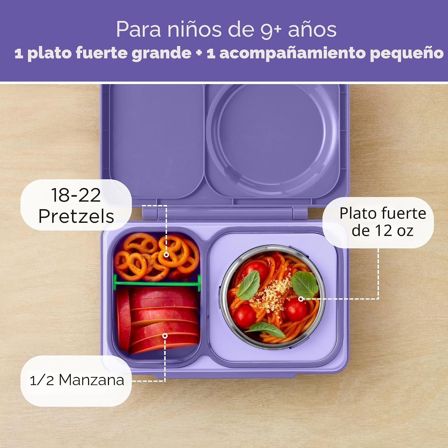Lonchera morada con plato fuerte y acompañamiento, ideal para niños de 9 años