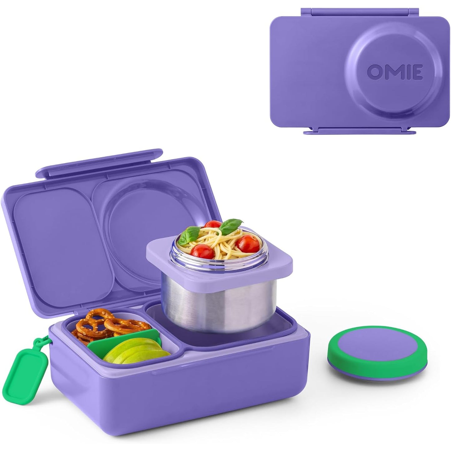 lunch box morada OMIE LIFE, vista frontal con pasta y ensalada