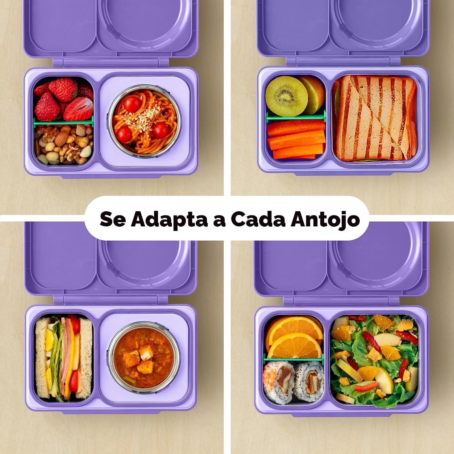Lonchera OMIE LIFE color morado con compartimentos, ideal para comidas variadas.