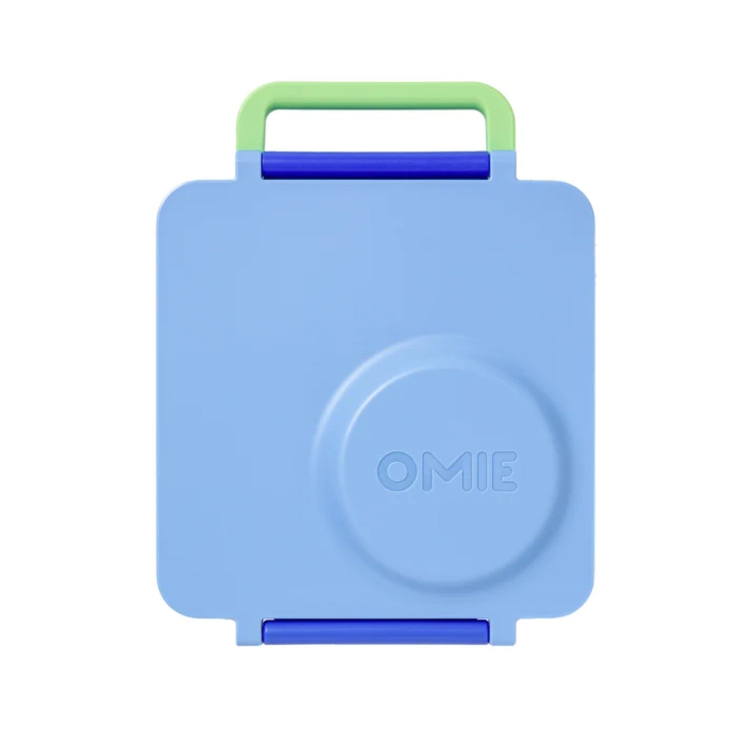 Lonchera azul OMIE LIFE con mango verde, vista frontal