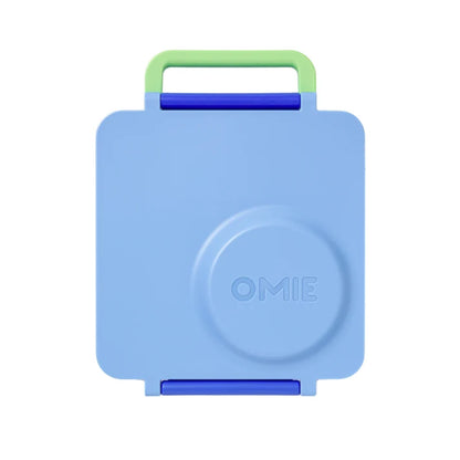 Lonchera azul OMIE LIFE con mango verde, vista frontal