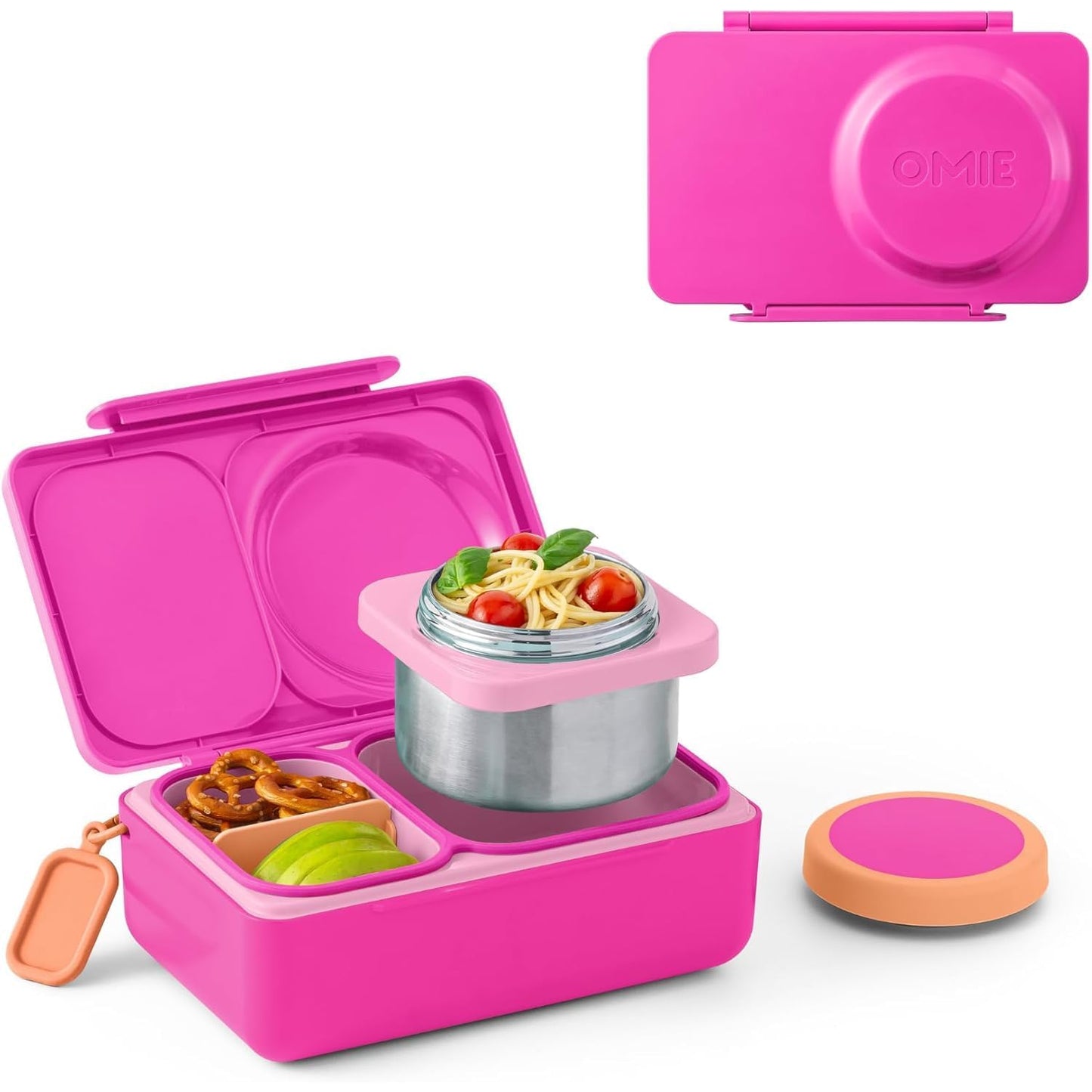 Fiambrera OMIE LIFE rosa con compartimentos y tapa, comida fresca adentro