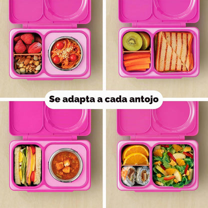 Lunchbox rosa OMIE LIFE con compartimentos para comidas variadas y saludables