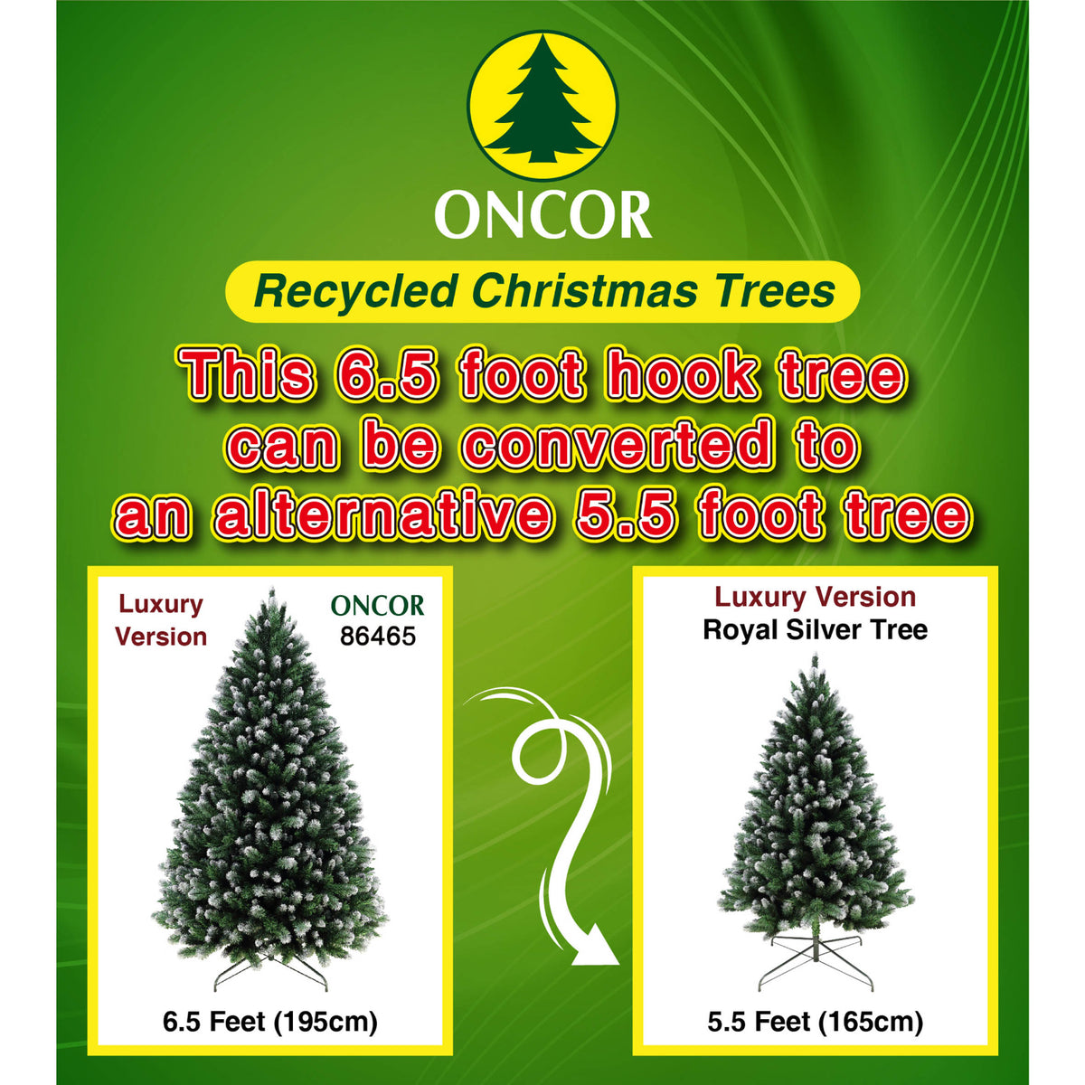 Árbol de Navidad reciclado ONCOR 6.5 pies, vista frontal y opción de 5.5 pies