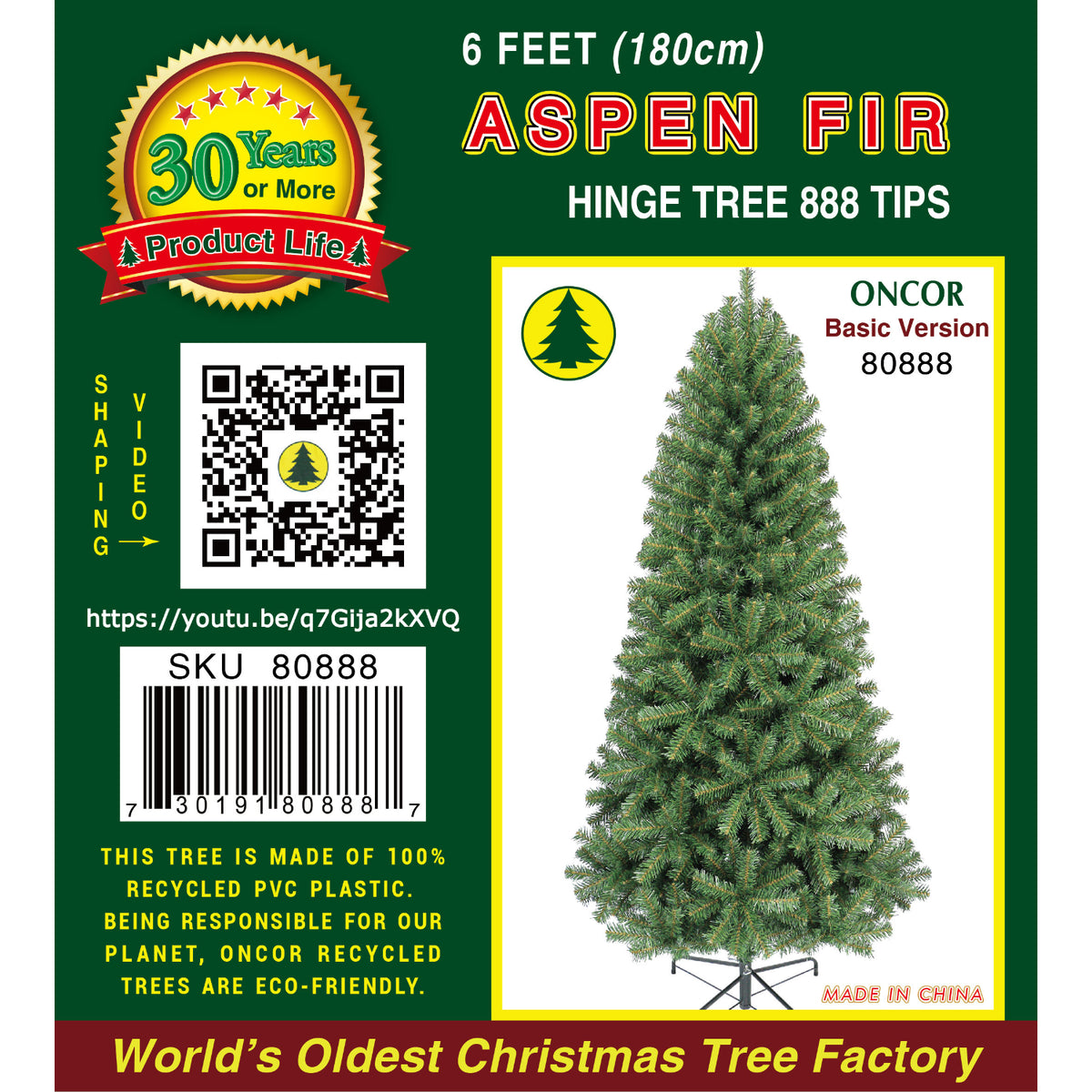 Arbol de Navidad ONCOR de 6 pies, modelo Aspen Fir, 888 puntas, vista frontal