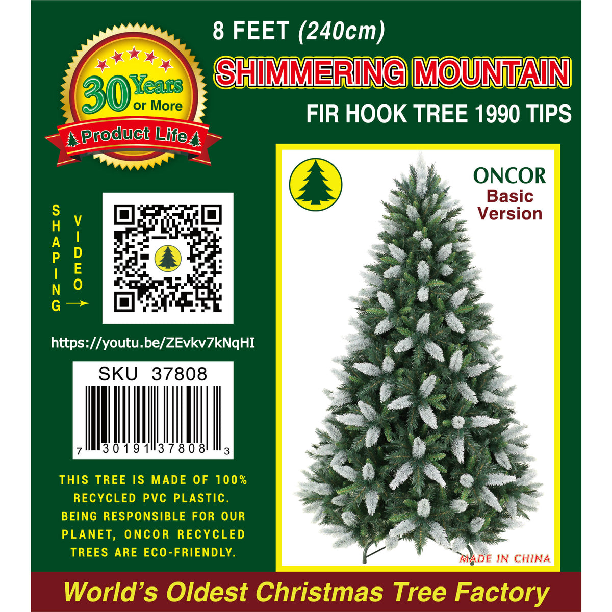 Árbol de Navidad ONCOR Shimmering Mountain de 8 pies, vista frontal con puntas blancas