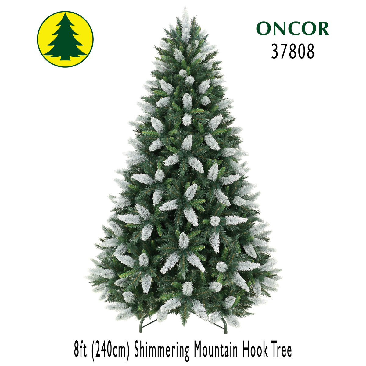 Arbol de Navidad ONCOR de 8 pies con efecto brillante y ramas nevadas