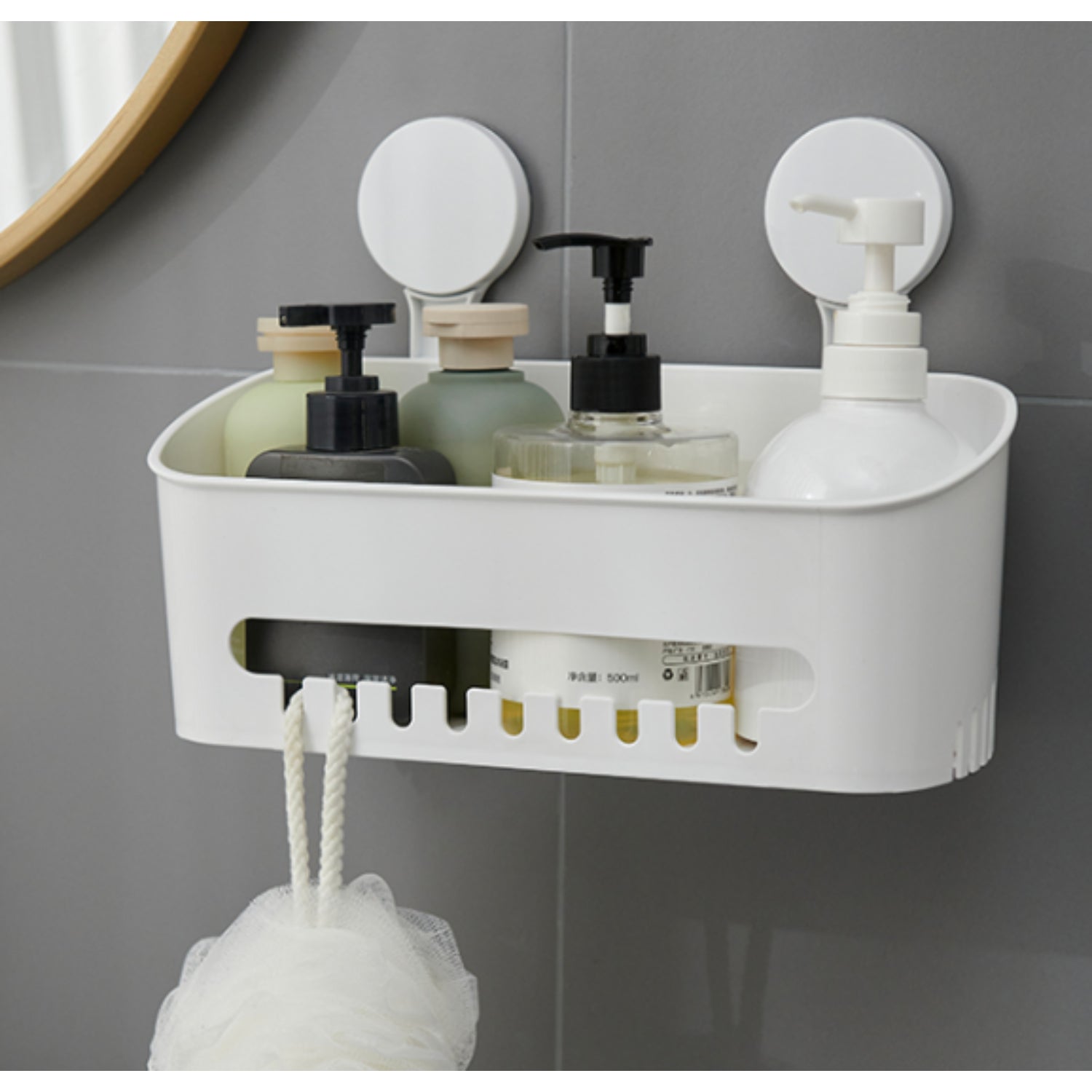organizador blanco de baño, vista frontal con dispensadores de jabón