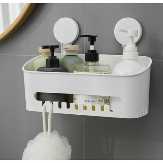 organizador blanco de baño, vista frontal con dispensadores de jabón