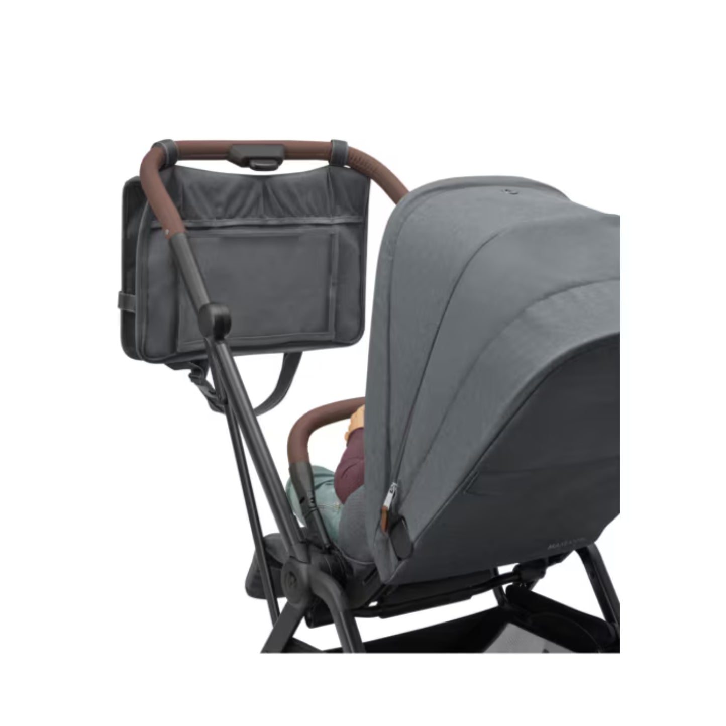 Organizador negro para carrito de bebé, vista lateral, equipado y funcional.