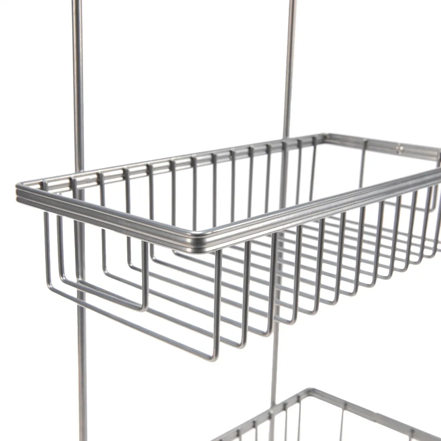 Organizador de metal plateado, vista lateral, ideal para almacenamiento en cocina