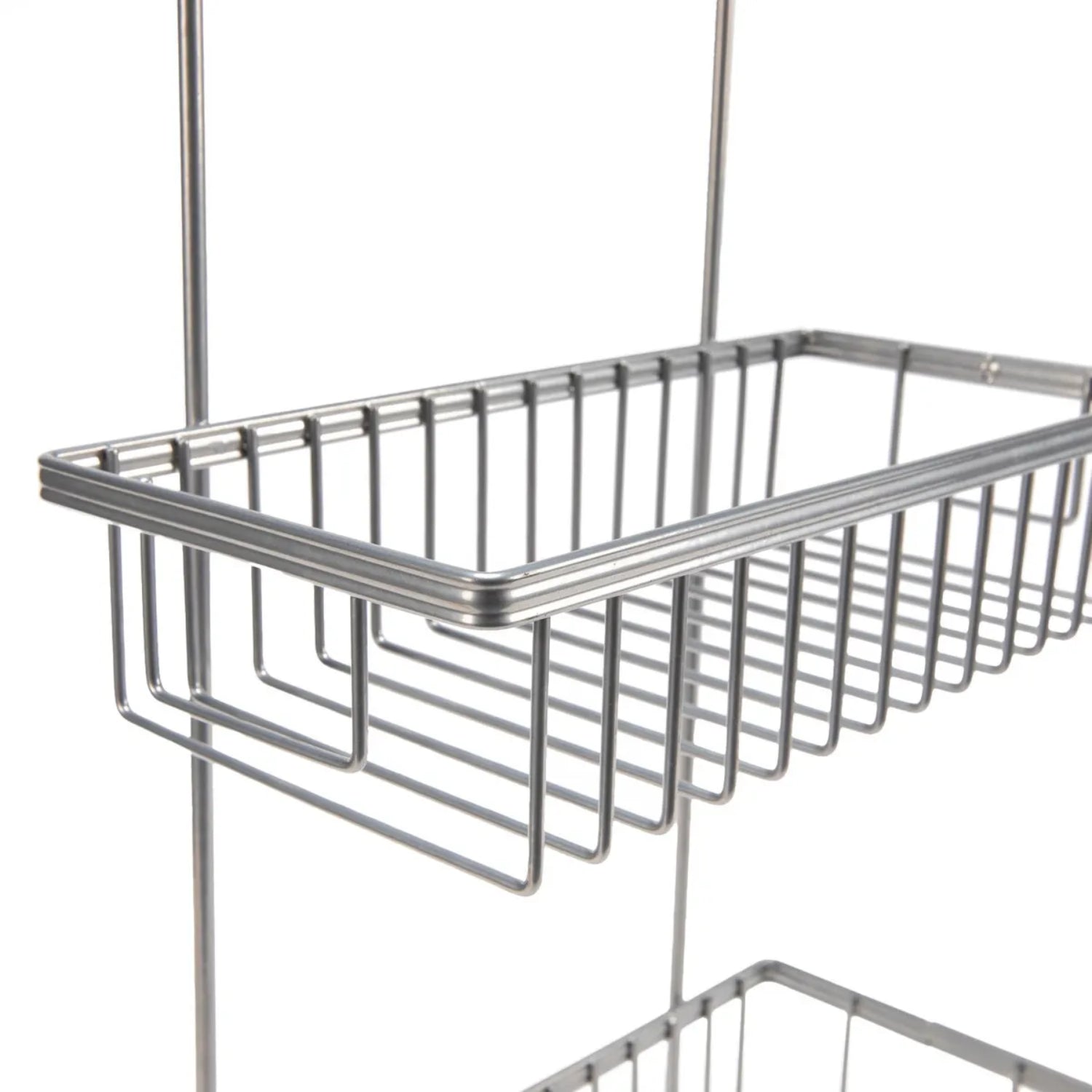 Organizador de metal plateado, vista lateral, ideal para almacenamiento en cocina
