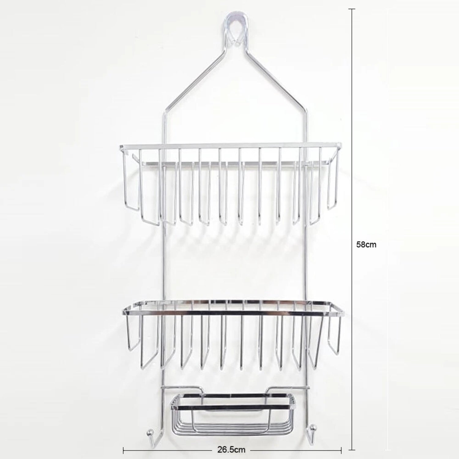Organizador cromado de baño, con estantes colgantes y medida de 58 cm