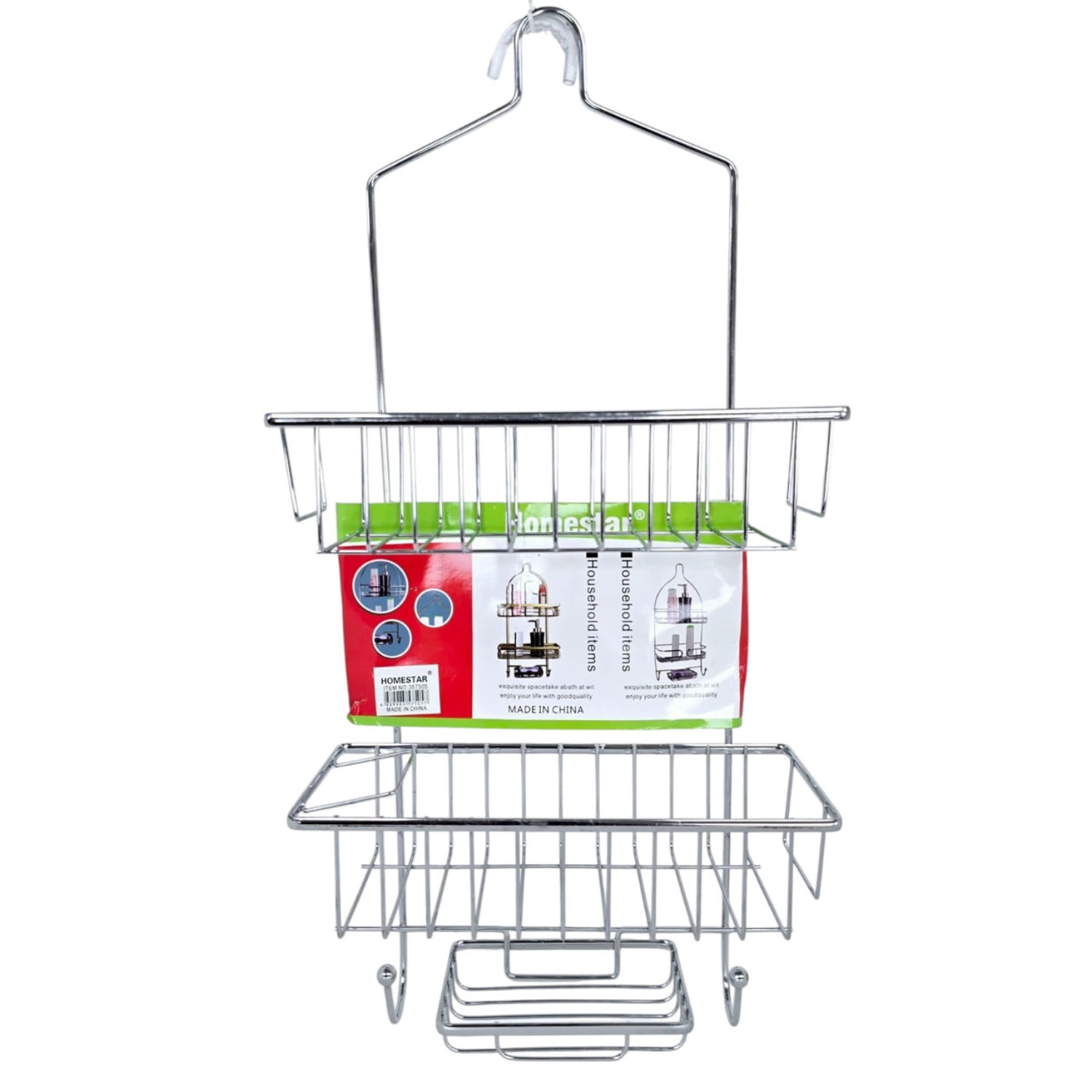 Organizador de baño de metal color plateado, vista frontal con ganchos colgantes