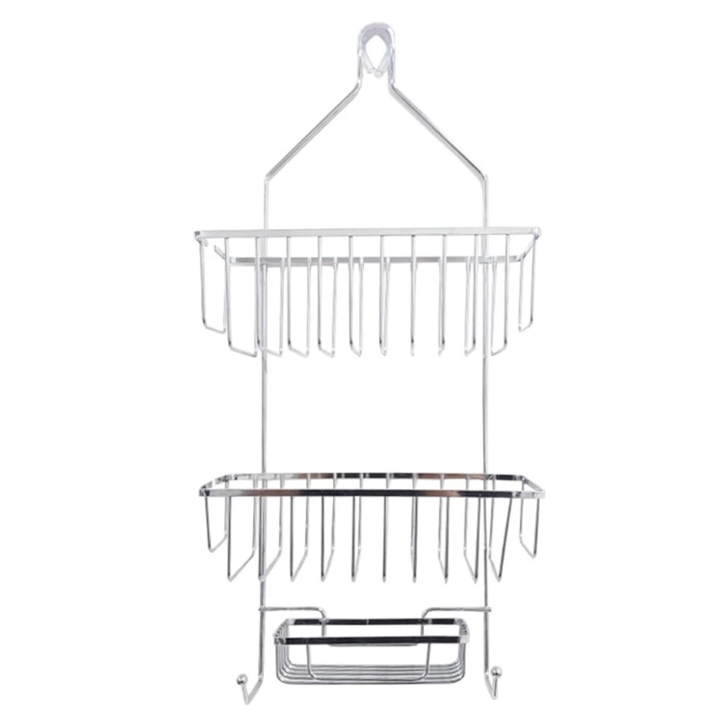 Organizador colgante de metal plateado, vista frontal en baño