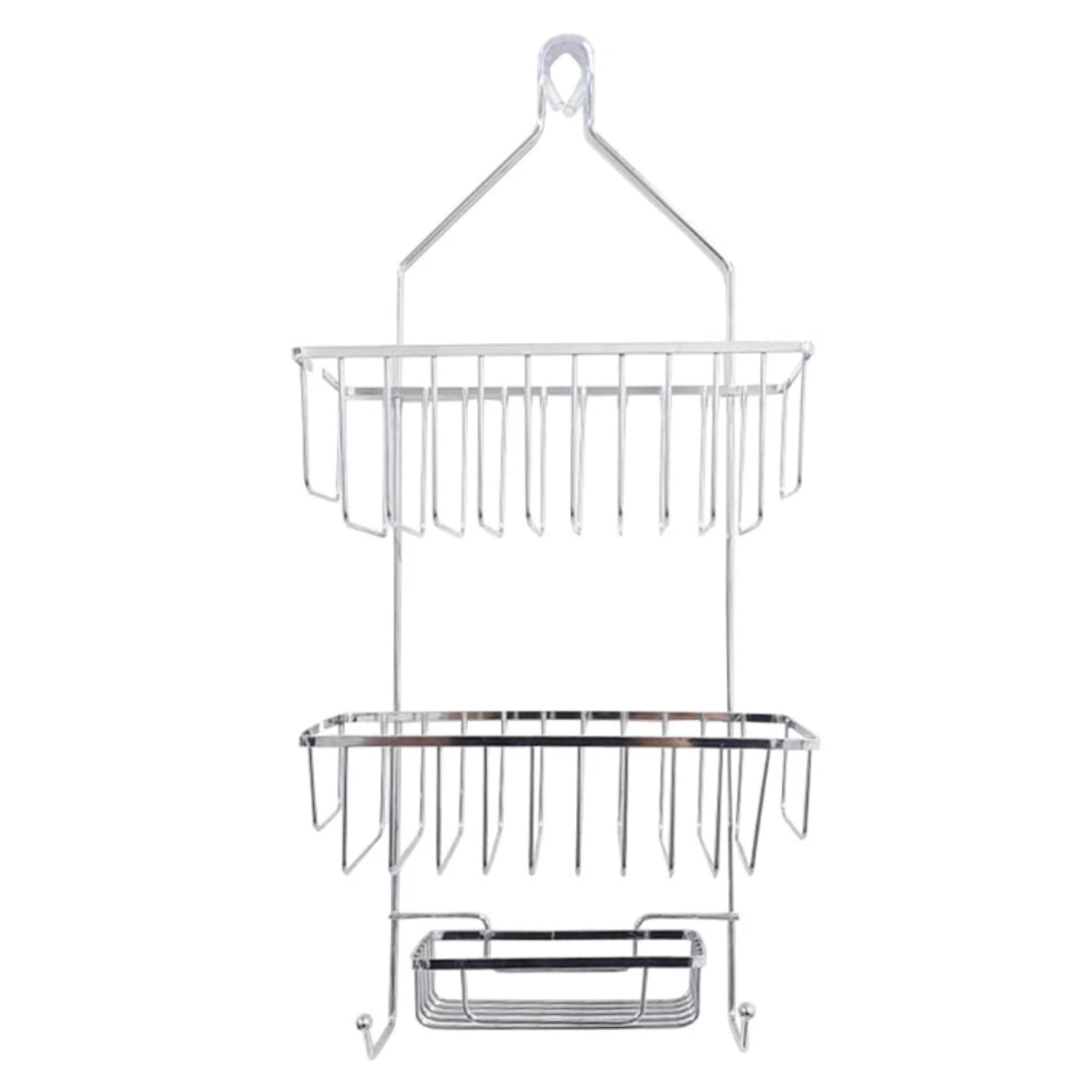 Organizador colgante de metal plateado, vista frontal en baño