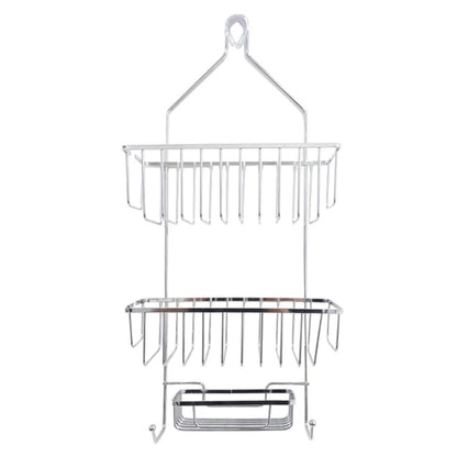 Organizador colgante de metal plateado, vista frontal en baño