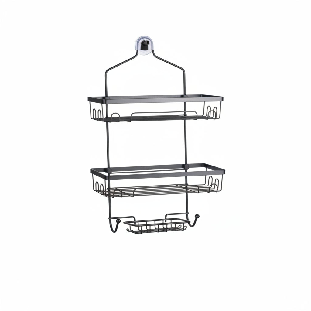 Organizador negro con estantes y ganchos, baño o cocina