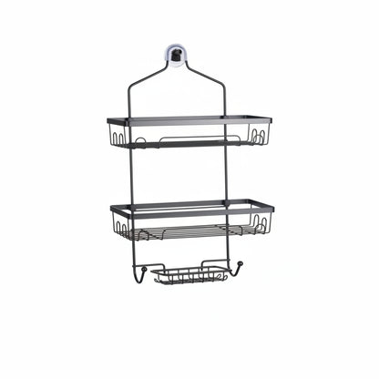 Organizador negro con estantes y ganchos, baño o cocina