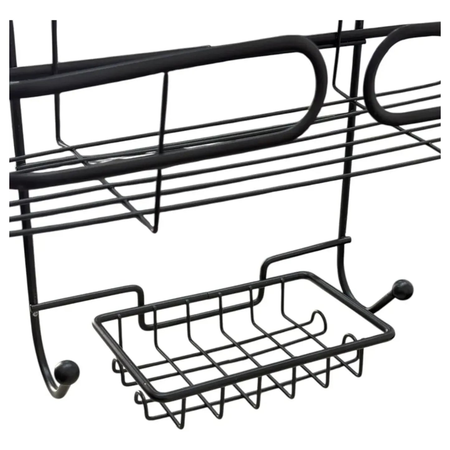 Organizador negro de metal con estantes para cocina y almacenamiento práctico