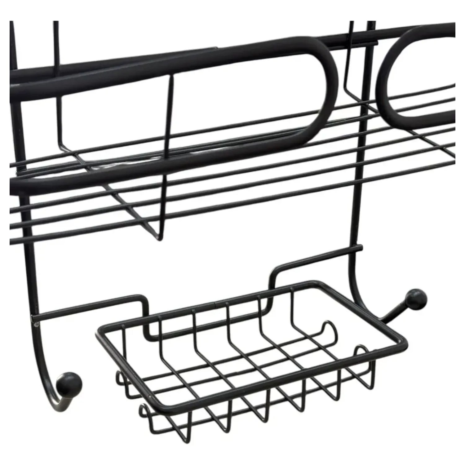 Organizador negro de metal con estantes para cocina y almacenamiento práctico