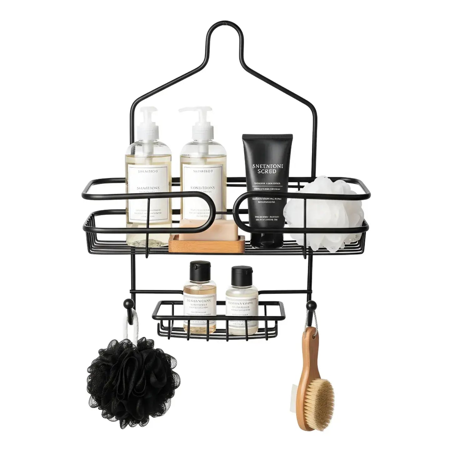 Organizador negro colgante para baño con productos de cuidado personal
