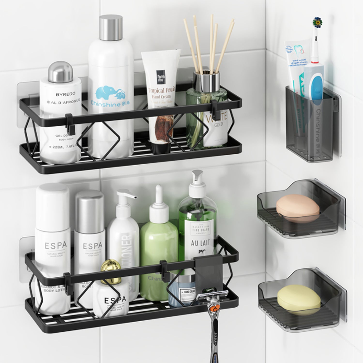organizador negro para baño, productos de cuidado personal en estantes