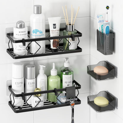 organizador negro para baño, productos de cuidado personal en estantes