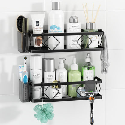 organizador negro de dos niveles con productos de cuidado personal y decoraciones en baño