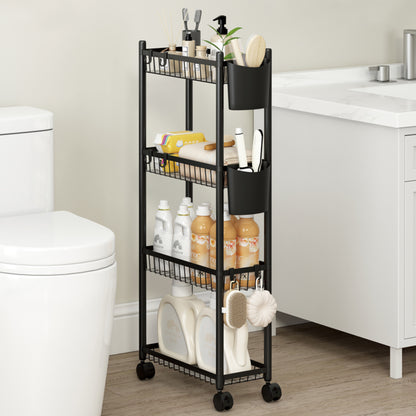 organizador negro de baño, vista lateral, junto al inodoro