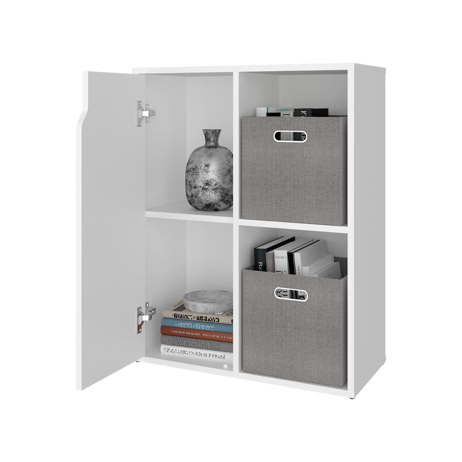 organizador blanco con cajas grises, almacenamiento para libros y decoraciones