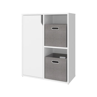 organizador blanco con dos cajas grises, ideal para almacenamiento en casa