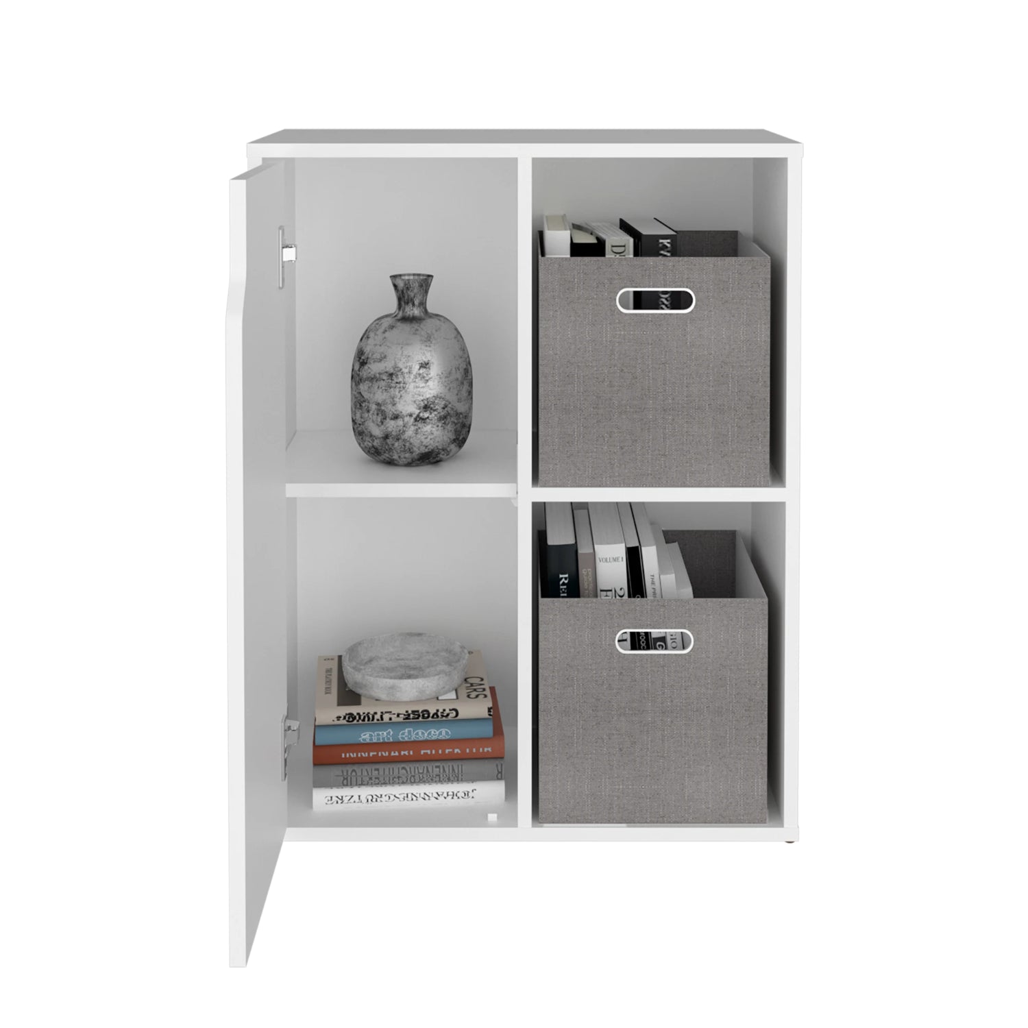 organizador blanco con estantes y cajas de almacenamiento, sala de estar