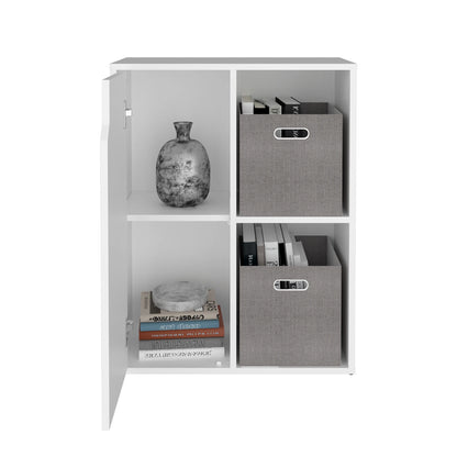 organizador blanco con estantes y cajas de almacenamiento, sala de estar
