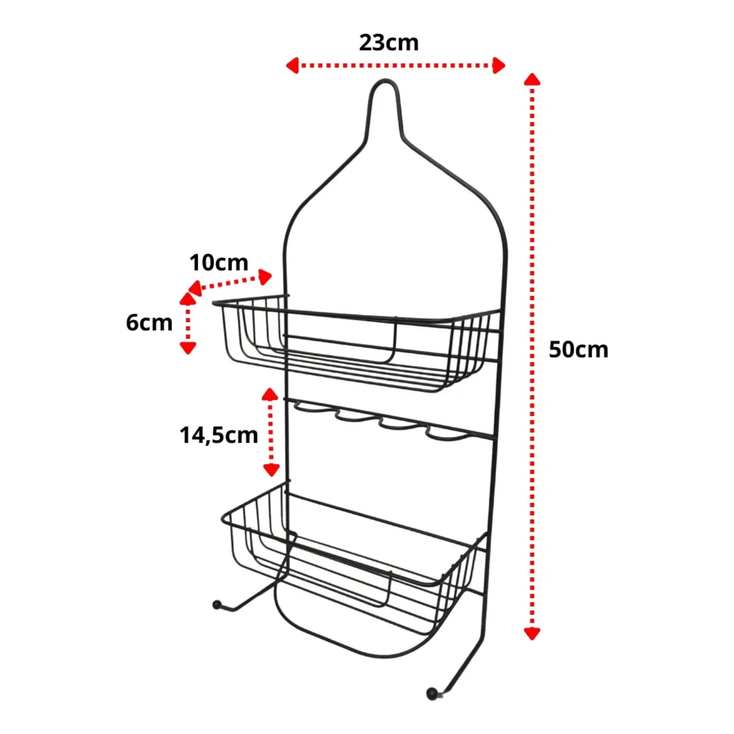 Organizador de metal negro, vista frontal, dos estantes y ganchos, ideal para cocina