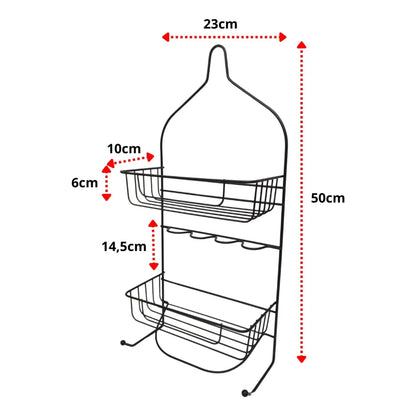 Organizador de metal negro, vista frontal, dos estantes y ganchos, ideal para cocina