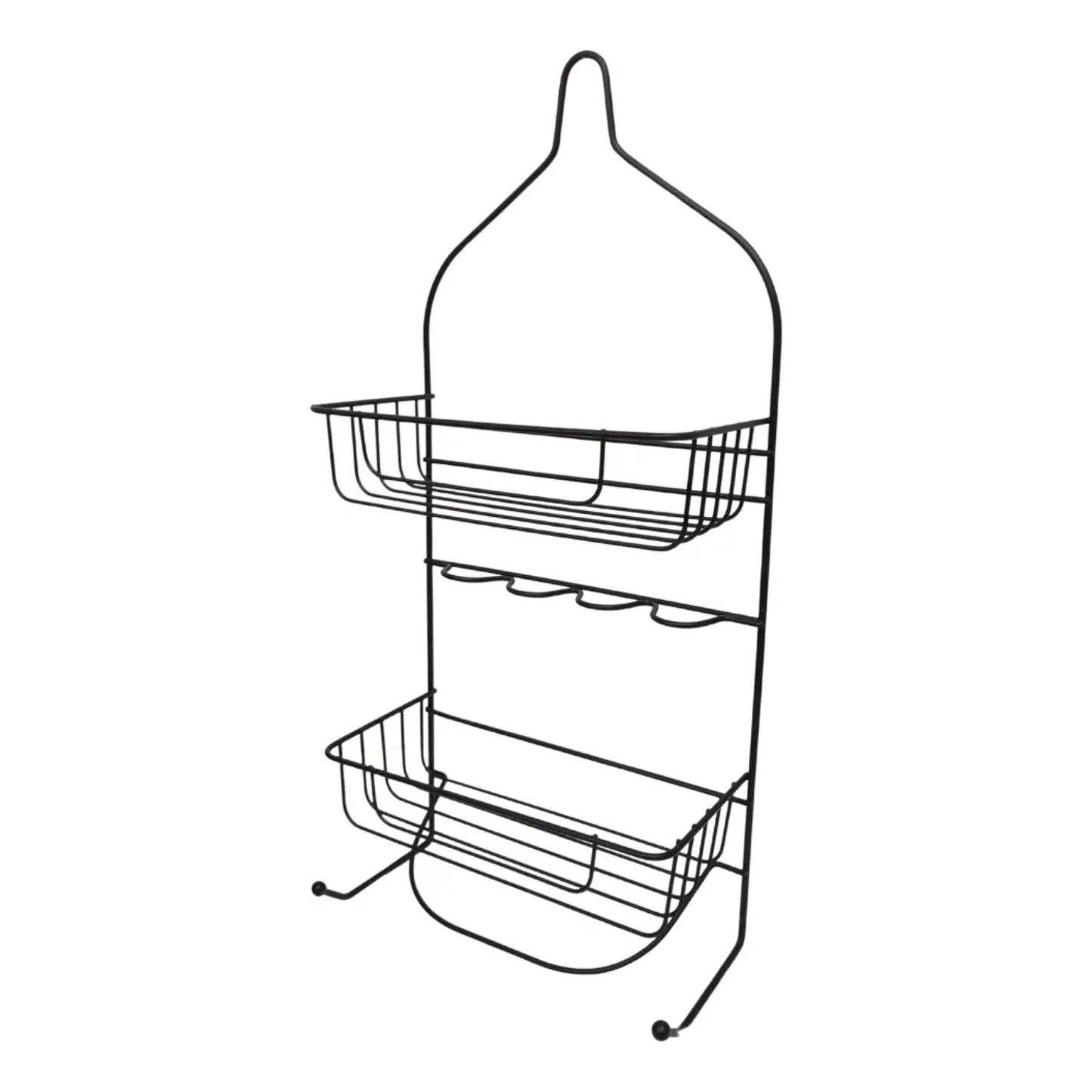 organizador negro de metal con dos cestas para cocina, vista frontal