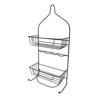 organizador negro de metal con dos cestas para cocina, vista frontal
