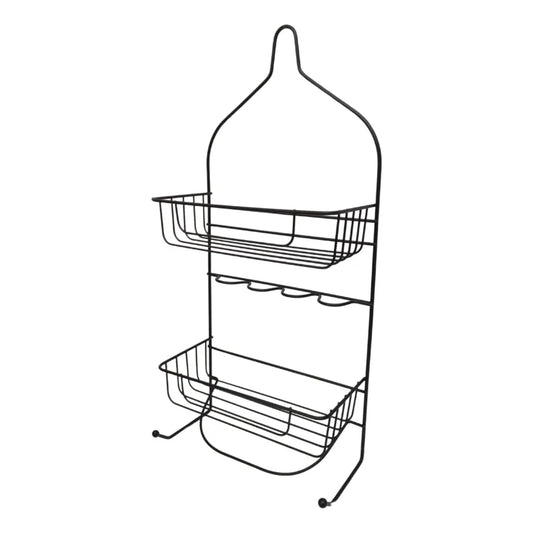 organizador negro de metal con dos cestas para cocina, vista frontal