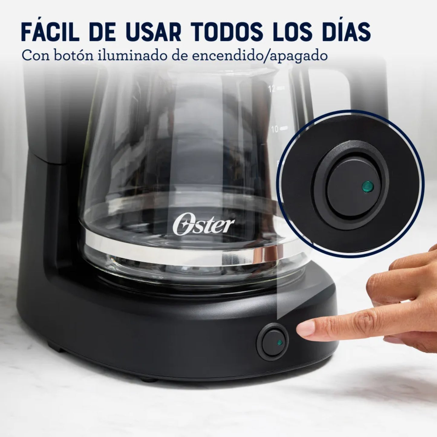 Cafetera 12 tazas para hogar de OSTER con botón iluminado de encendido y apagado